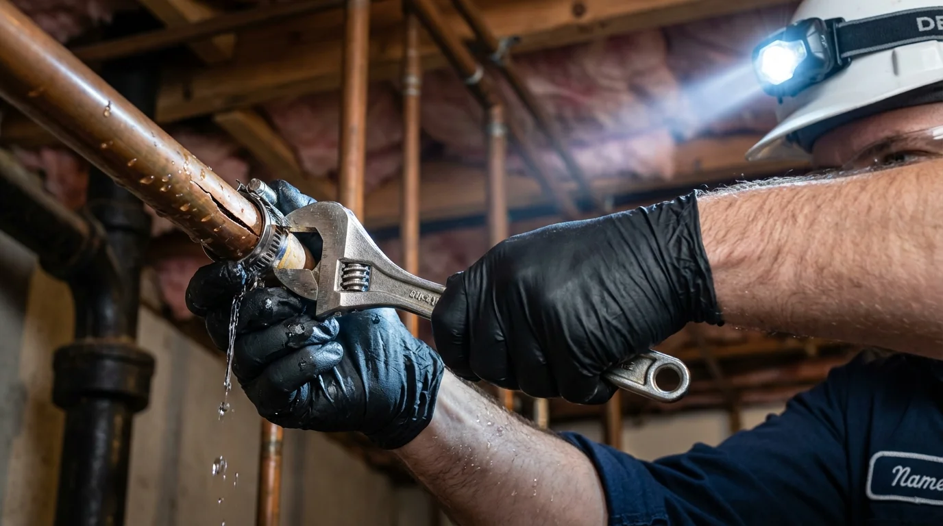 Emergency pipe clamp repair being performed by a Johns Plumbing LLC plumber in Terra Alta