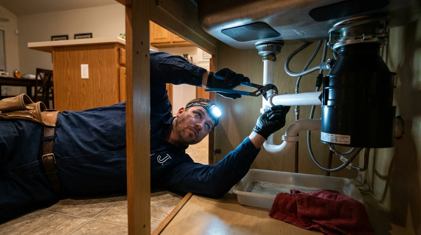 P-trap and supply line connections under a kitchen sink showing a common leak point in Terra Alta, WV